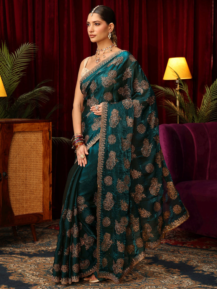 Libas Art Teal Green Floral Embellished Tissue Saree