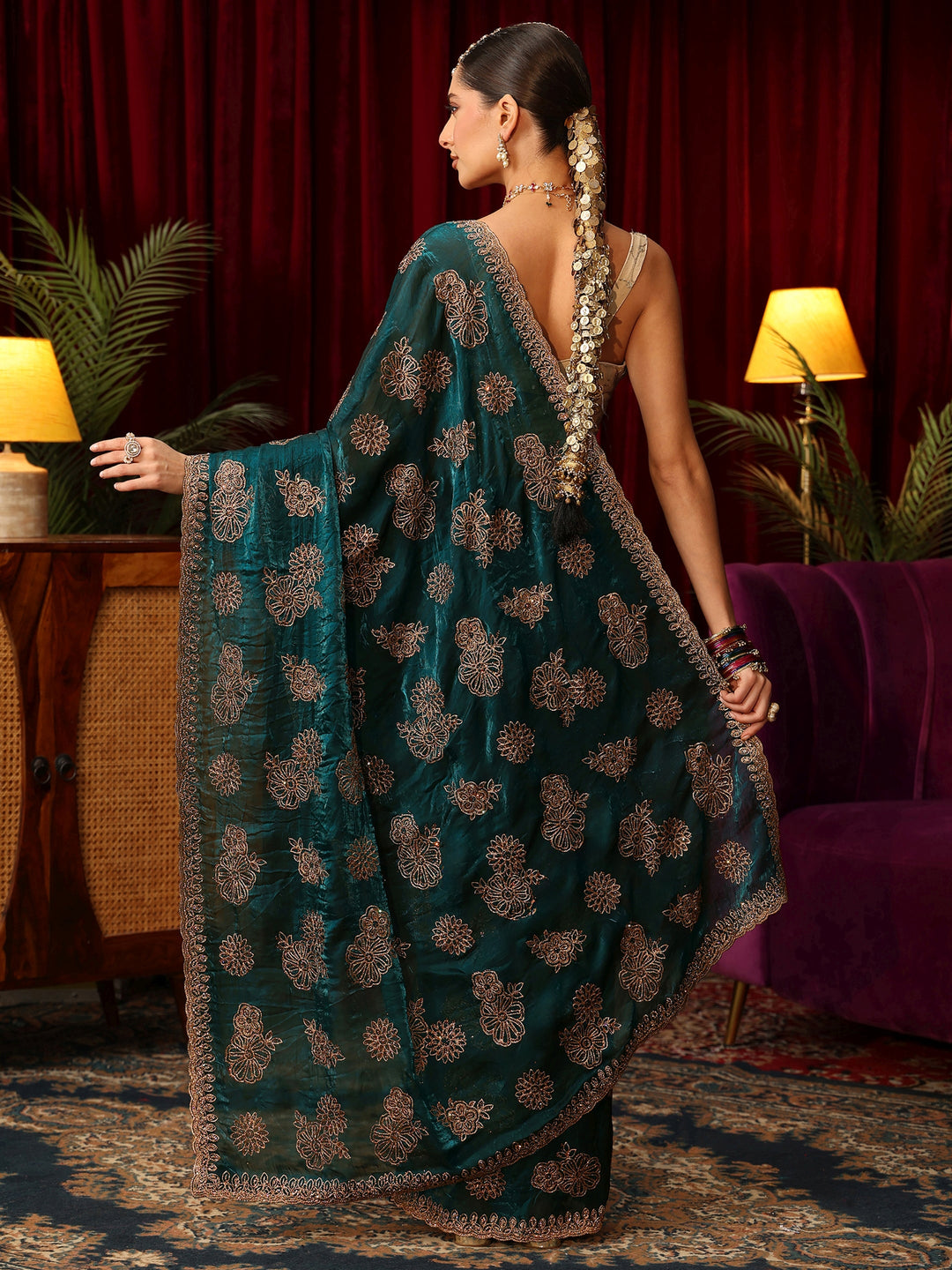 Libas Art Teal Green Floral Embellished Tissue Saree