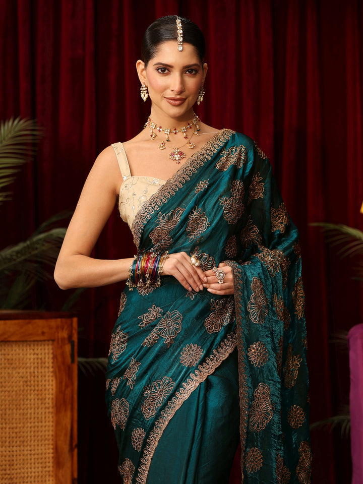 Libas Art Teal Green Floral Embellished Tissue Saree