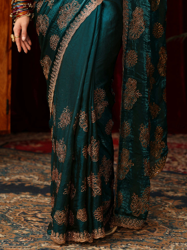 Libas Art Teal Green Floral Embellished Tissue Saree