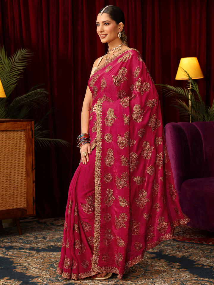Libas Art Rose Pink Floral Embellished Tissue Saree