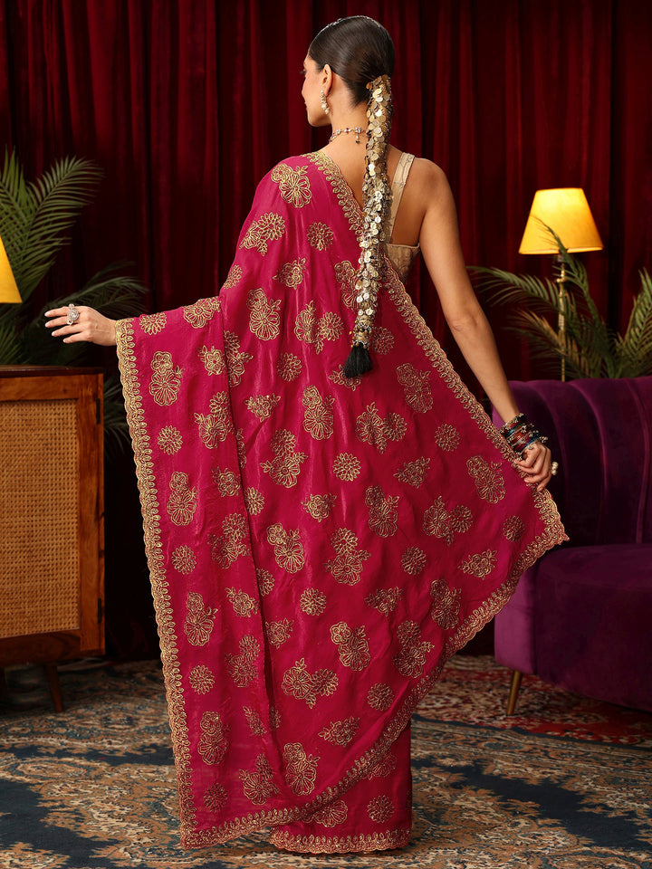 Libas Art Rose Pink Floral Embellished Tissue Saree