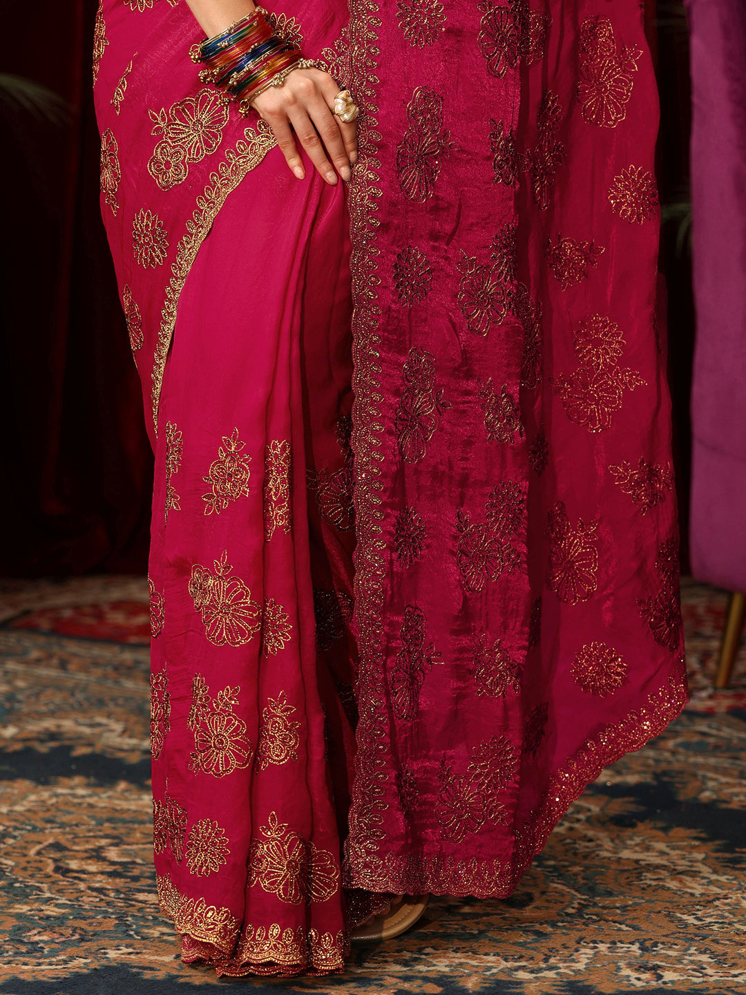Libas Art Rose Pink Floral Embellished Tissue Saree
