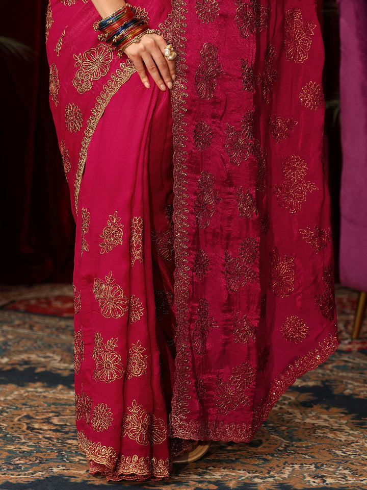 Libas Art Rose Pink Floral Embellished Tissue Saree