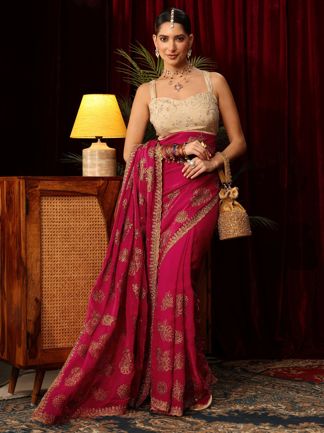 Libas Art Rose Pink Floral Embellished Tissue Saree