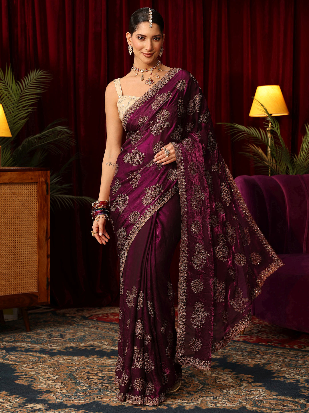 Libas Art Burgundy Floral Embellished Tissue Saree