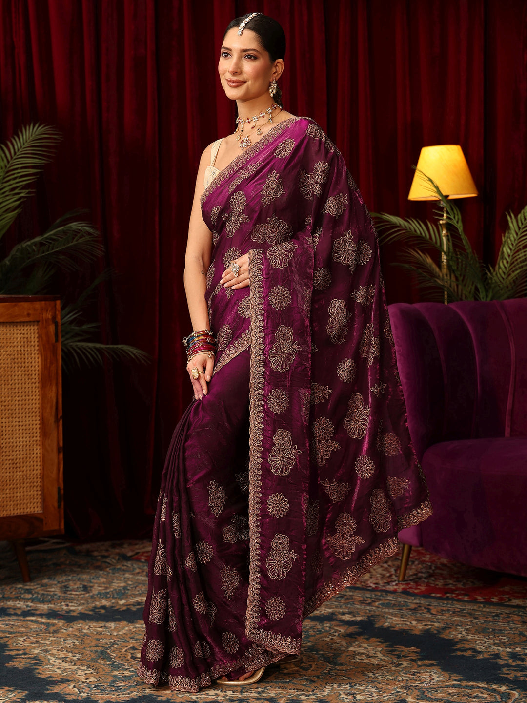 Libas Art Burgundy Floral Embellished Tissue Saree