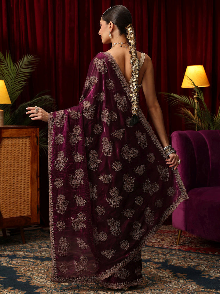 Libas Art Burgundy Floral Embellished Tissue Saree