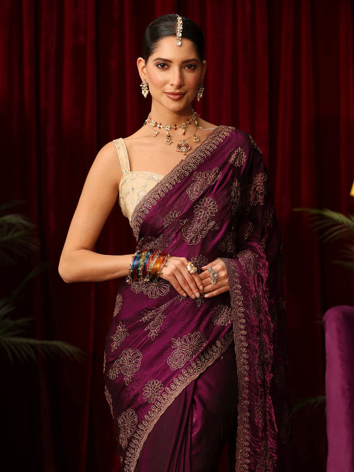 Libas Art Burgundy Floral Embellished Tissue Saree