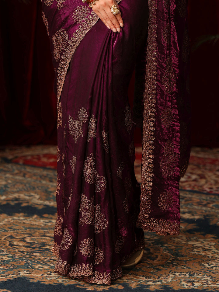 Libas Art Burgundy Floral Embellished Tissue Saree