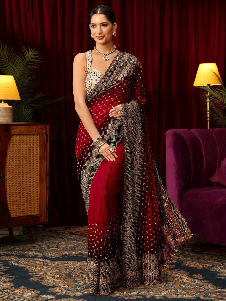 Libas Art Red Stone Work Embellished Tissue Saree