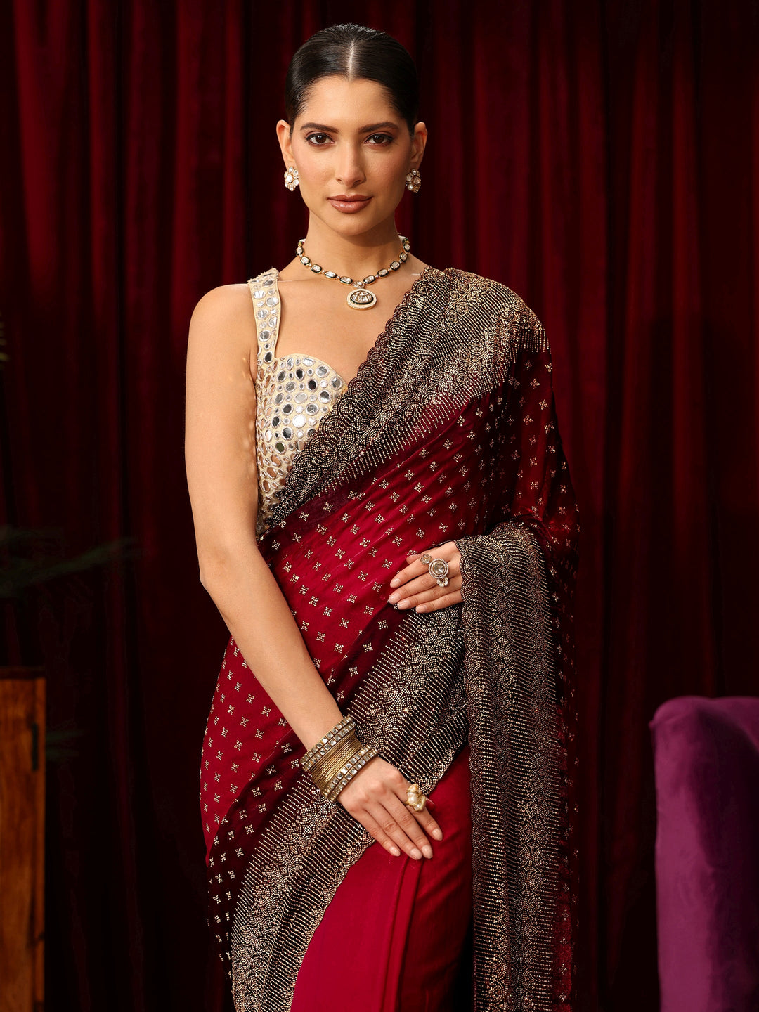 Libas Art Red Stone Work Embellished Tissue Saree