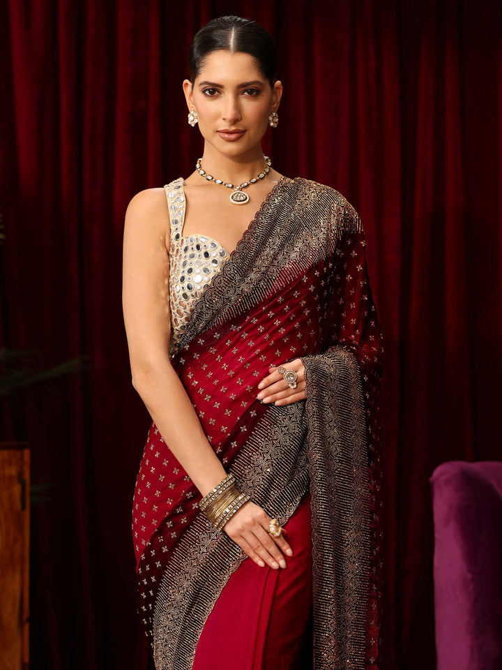 Libas Art Red Stone Work Embellished Tissue Saree