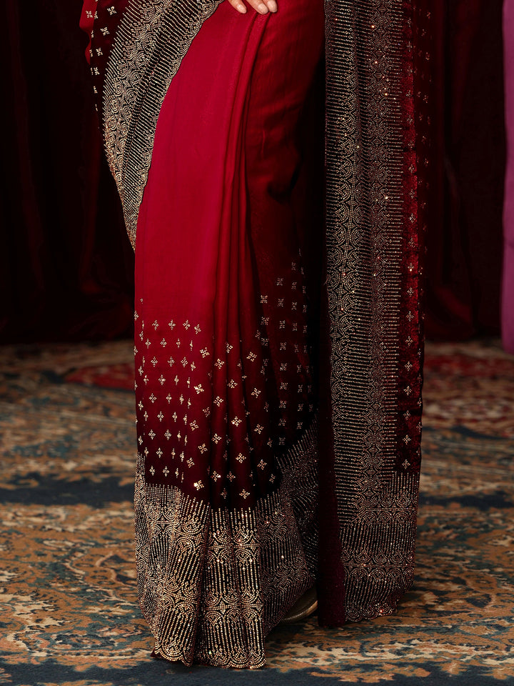 Libas Art Red Stone Work Embellished Tissue Saree