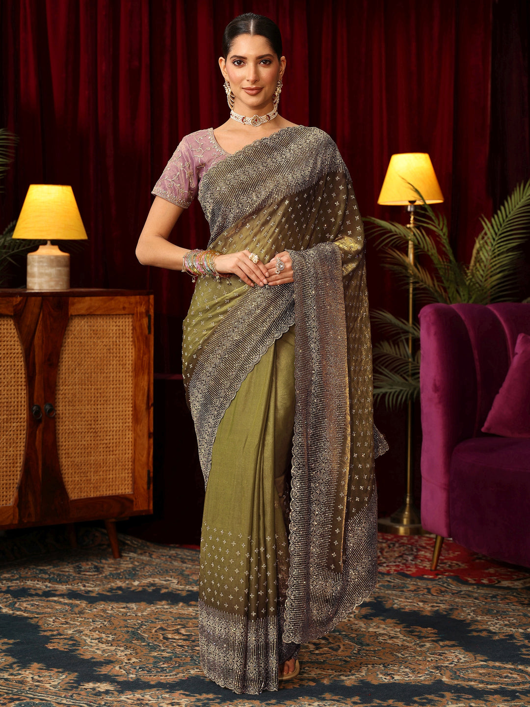 Libas Art Henna Green Stone Work Embellished Tissue Saree