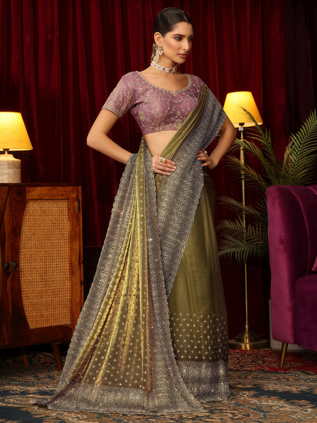 Libas Art Henna Green Stone Work Embellished Tissue Saree