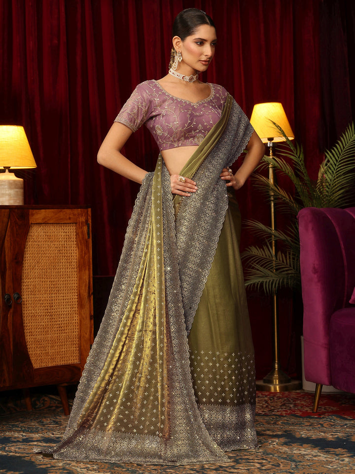 Libas Art Henna Green Stone Work Embellished Tissue Saree