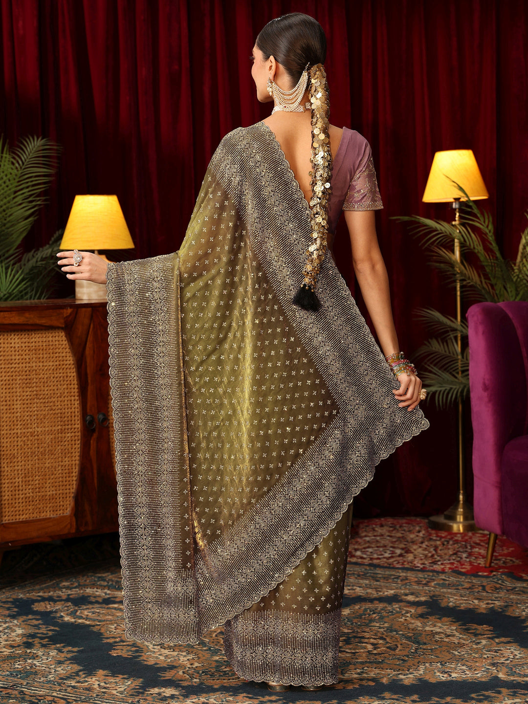Libas Art Henna Green Stone Work Embellished Tissue Saree