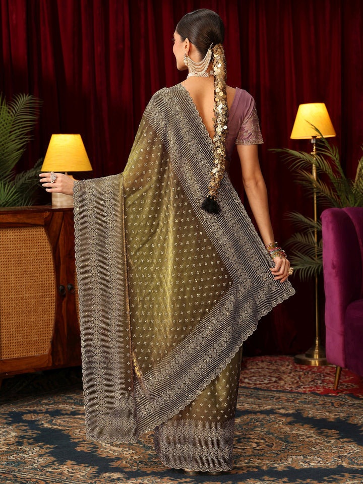 Libas Art Henna Green Stone Work Embellished Tissue Saree