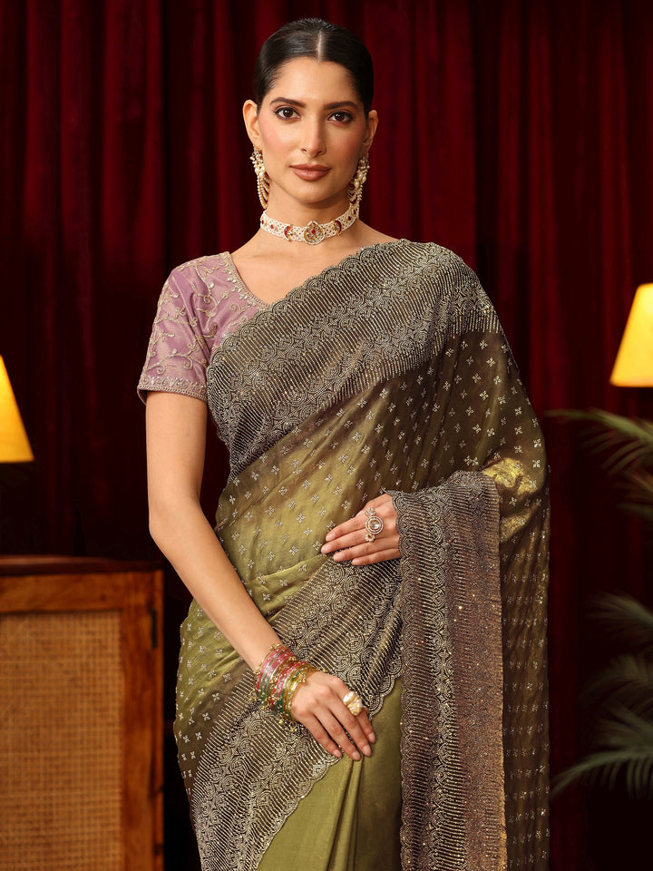 Libas Art Henna Green Stone Work Embellished Tissue Saree