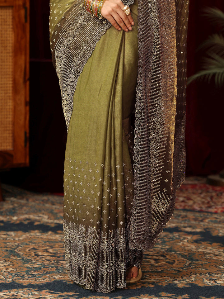 Libas Art Henna Green Stone Work Embellished Tissue Saree