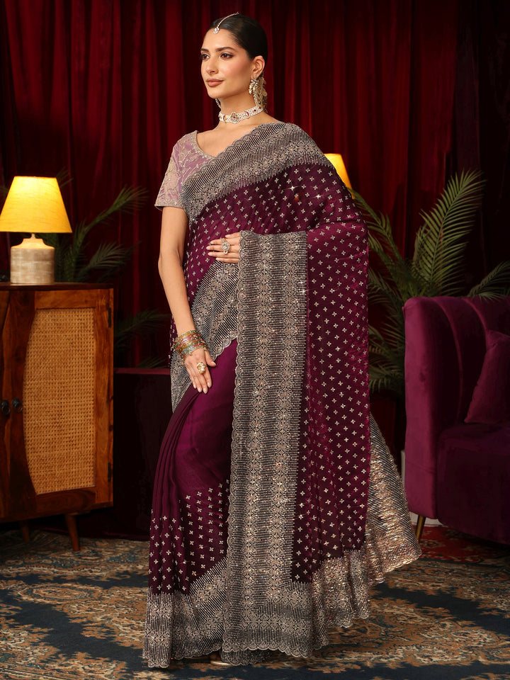 Libas Art Wine Stone Work Embellished Tissue Saree