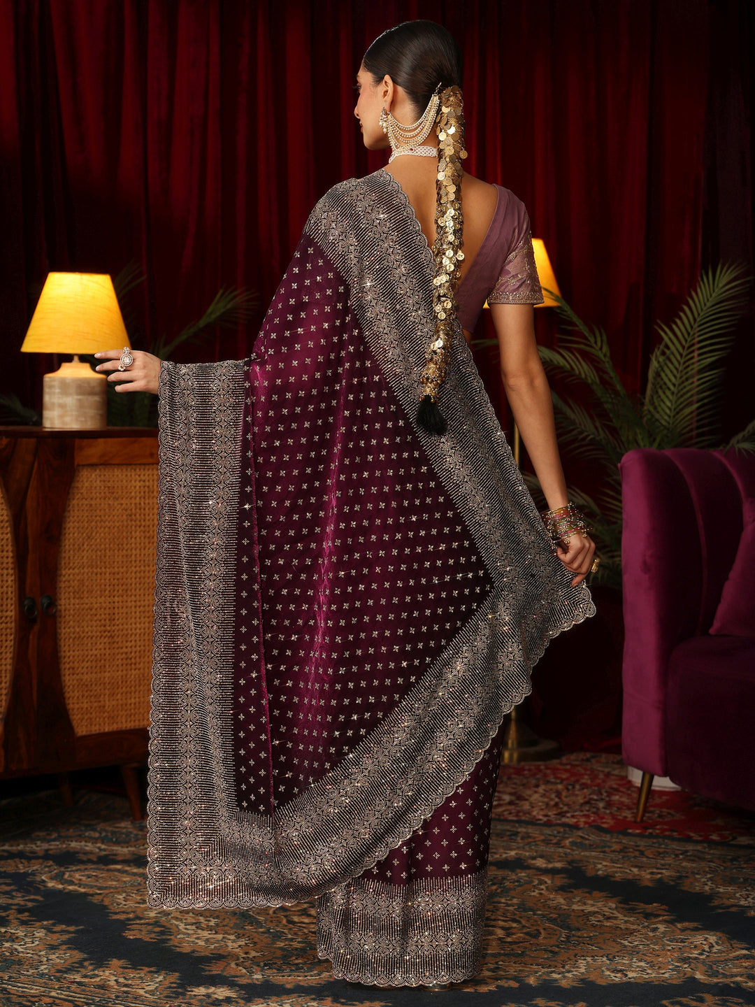 Libas Art Wine Stone Work Embellished Tissue Saree