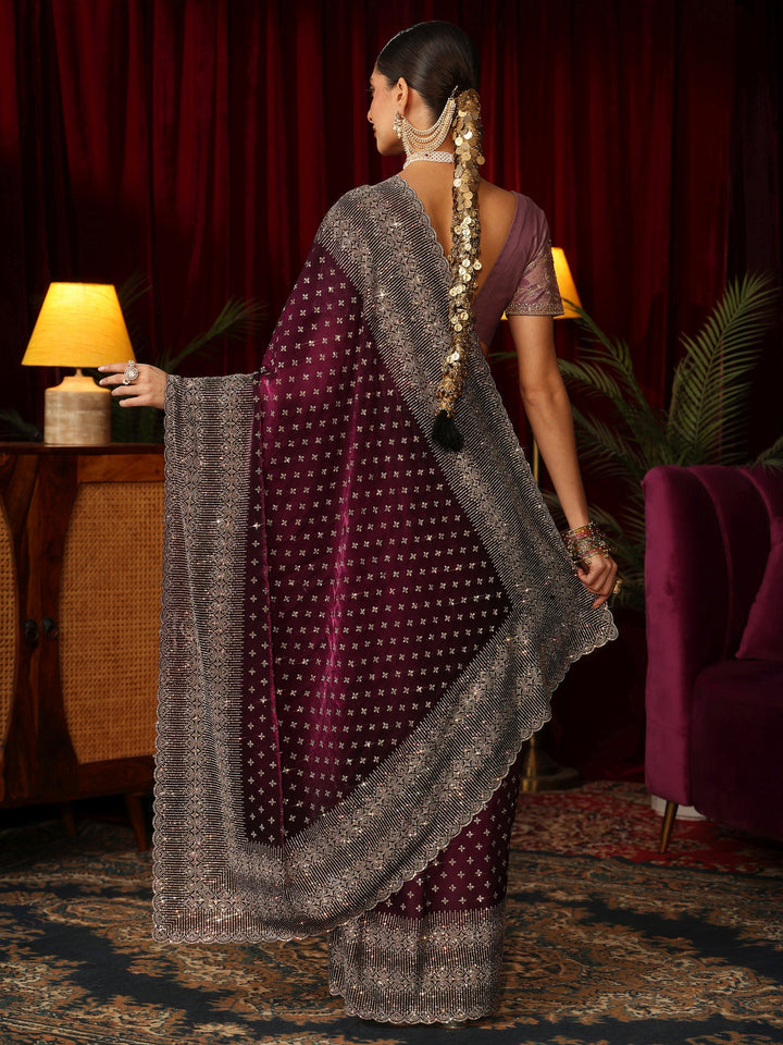 Libas Art Wine Stone Work Embellished Tissue Saree