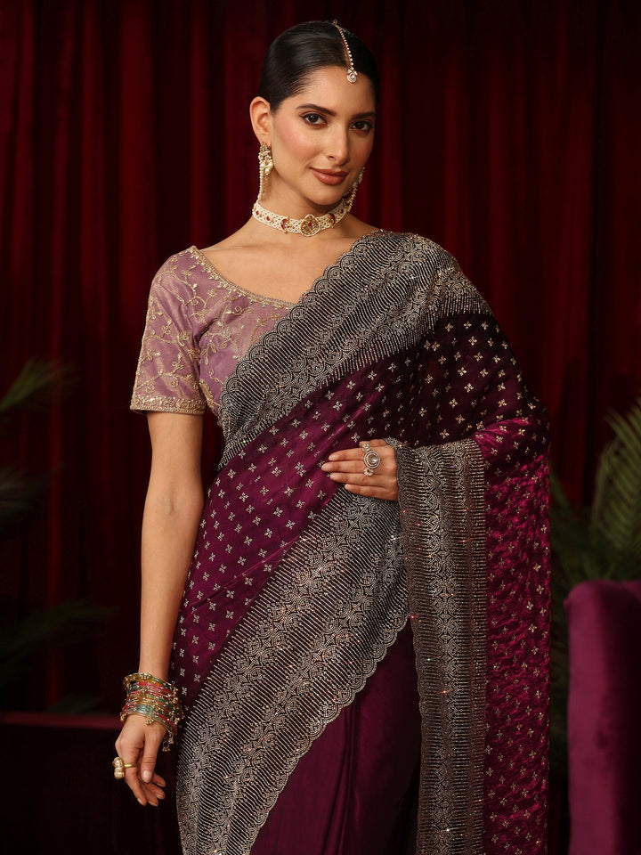 Libas Art Wine Stone Work Embellished Tissue Saree