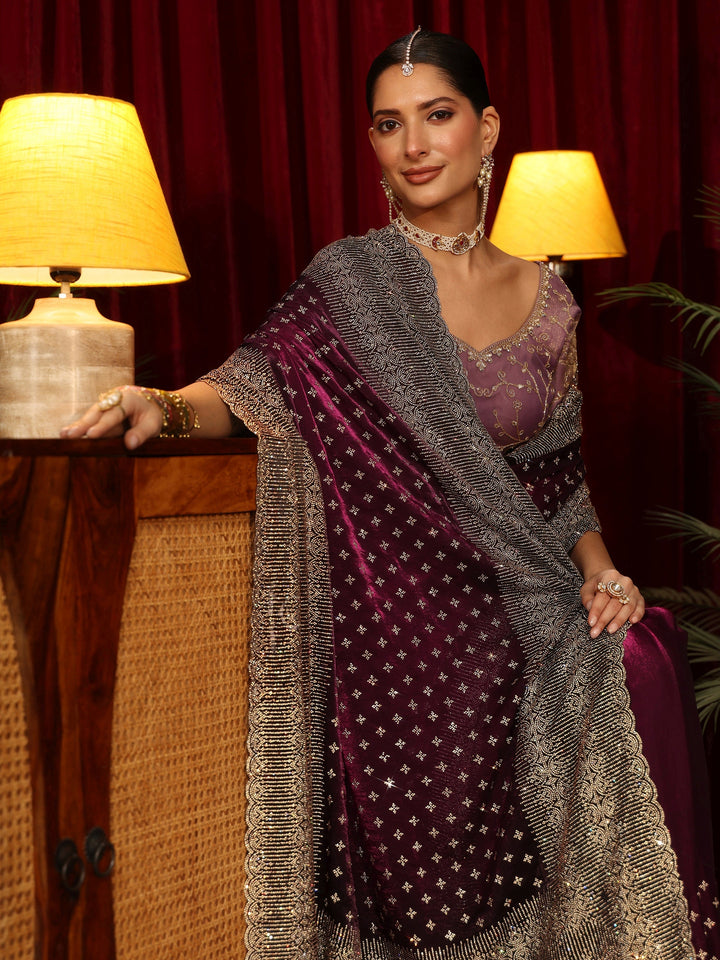 Libas Art Wine Stone Work Embellished Tissue Saree