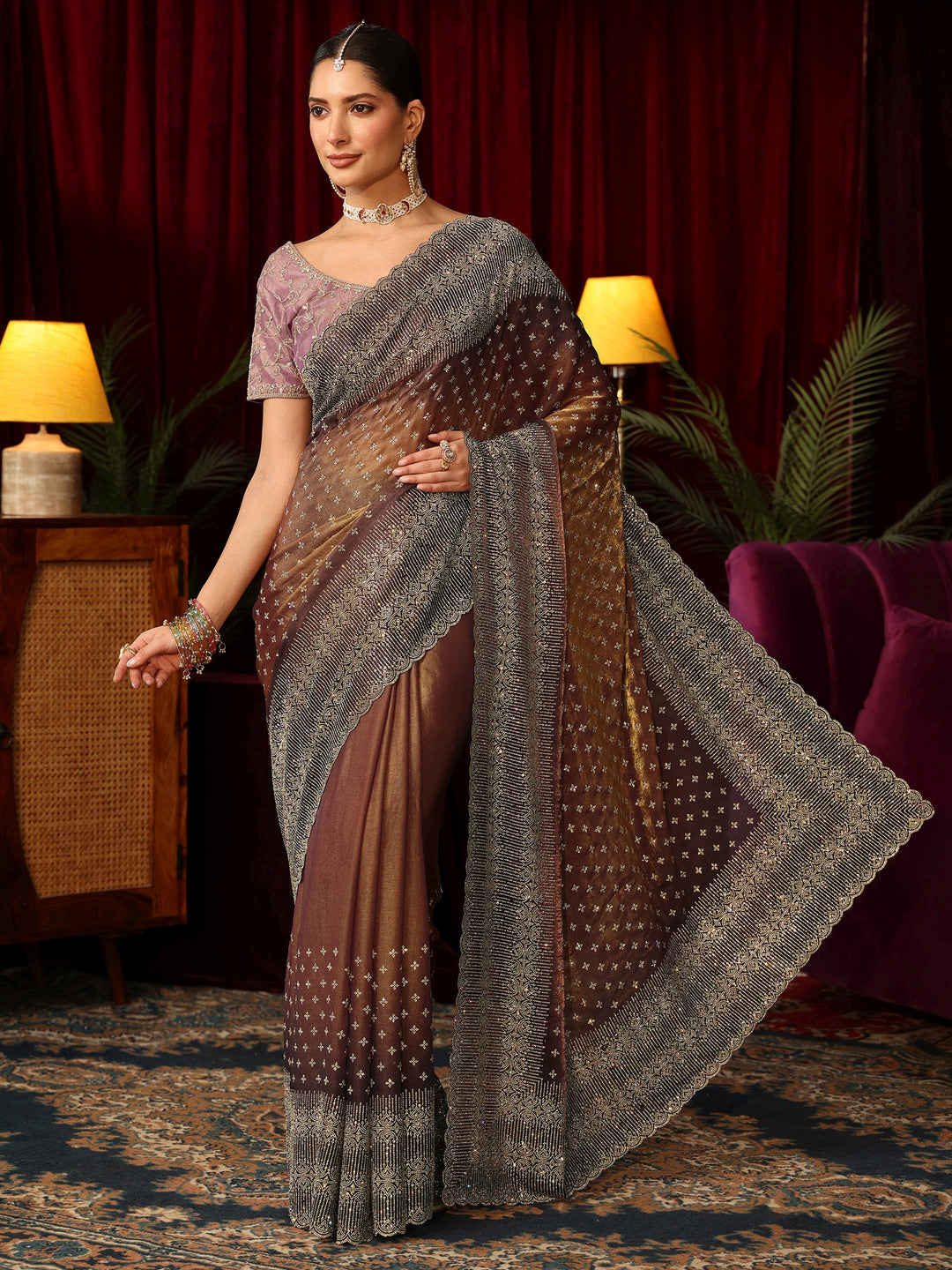 Libas Art Brown Stone Work Embellished Tissue Saree