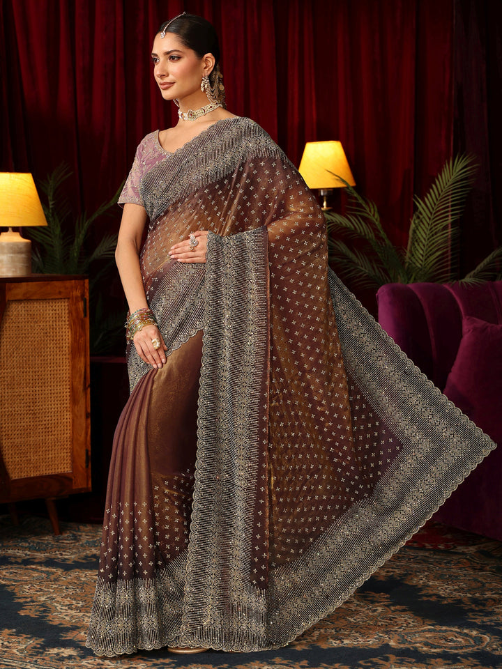 Libas Art Brown Stone Work Embellished Tissue Saree