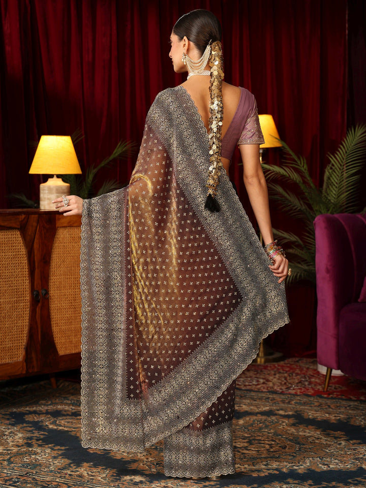 Libas Art Brown Stone Work Embellished Tissue Saree