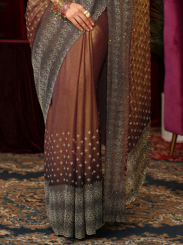 Libas Art Brown Stone Work Embellished Tissue Saree