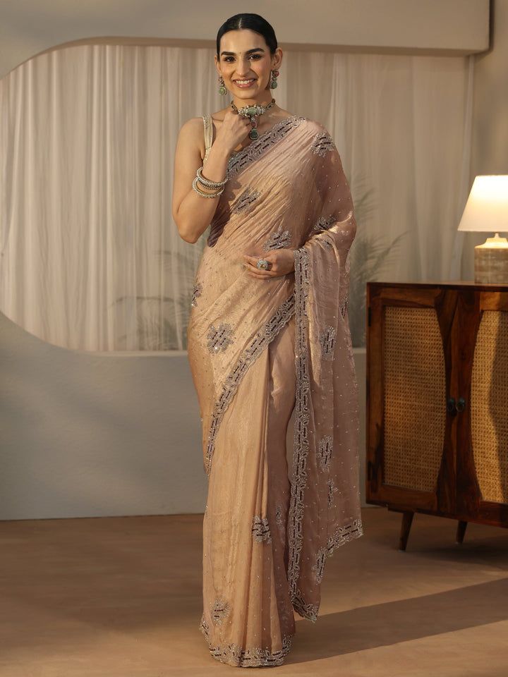 Libas Art Beige Embellished Tissue Saree