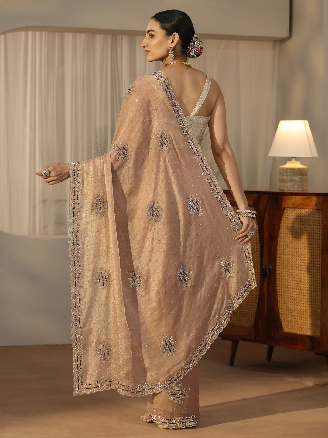 Libas Art Beige Embellished Tissue Saree