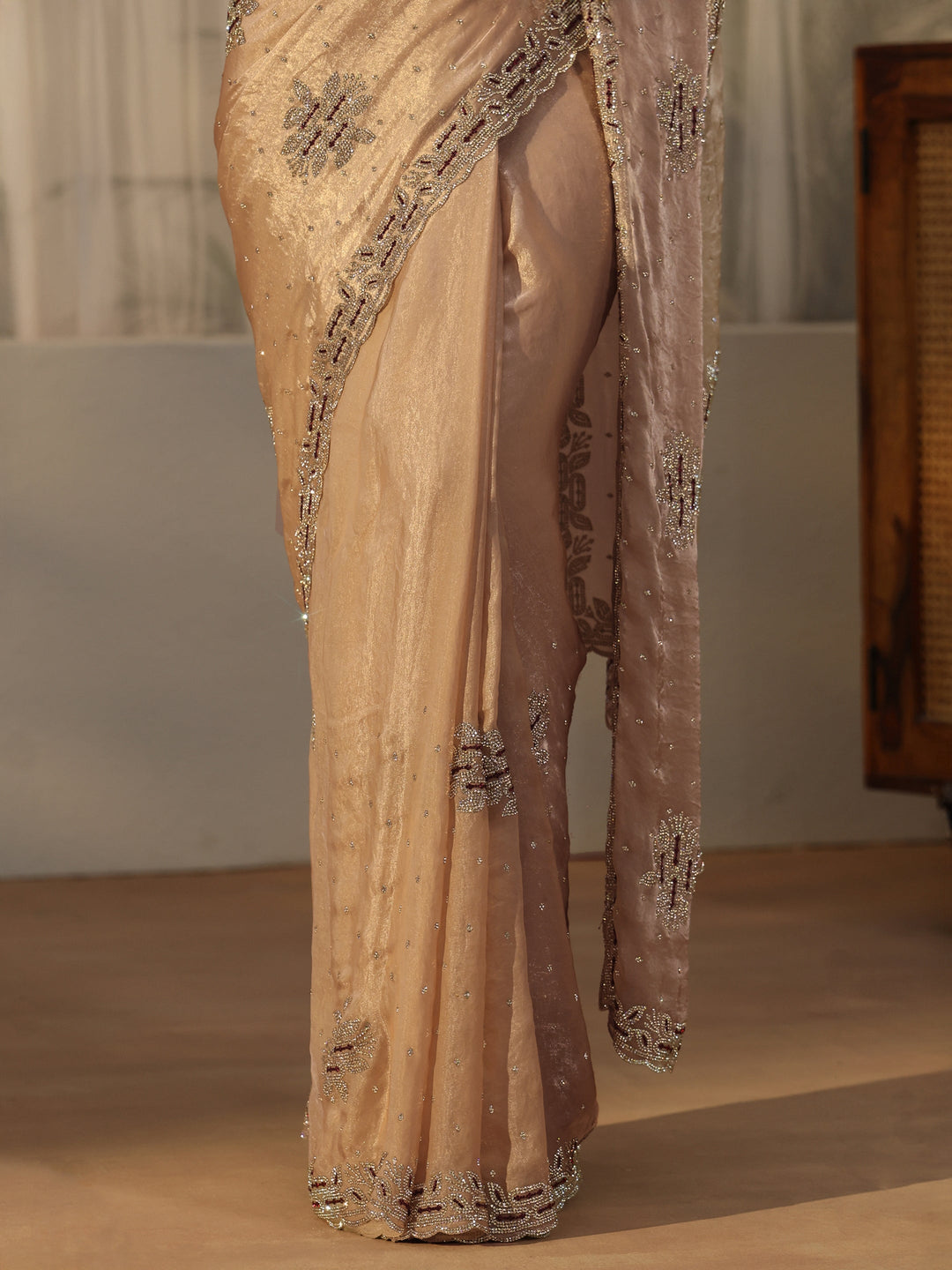 Libas Art Beige Embellished Tissue Saree