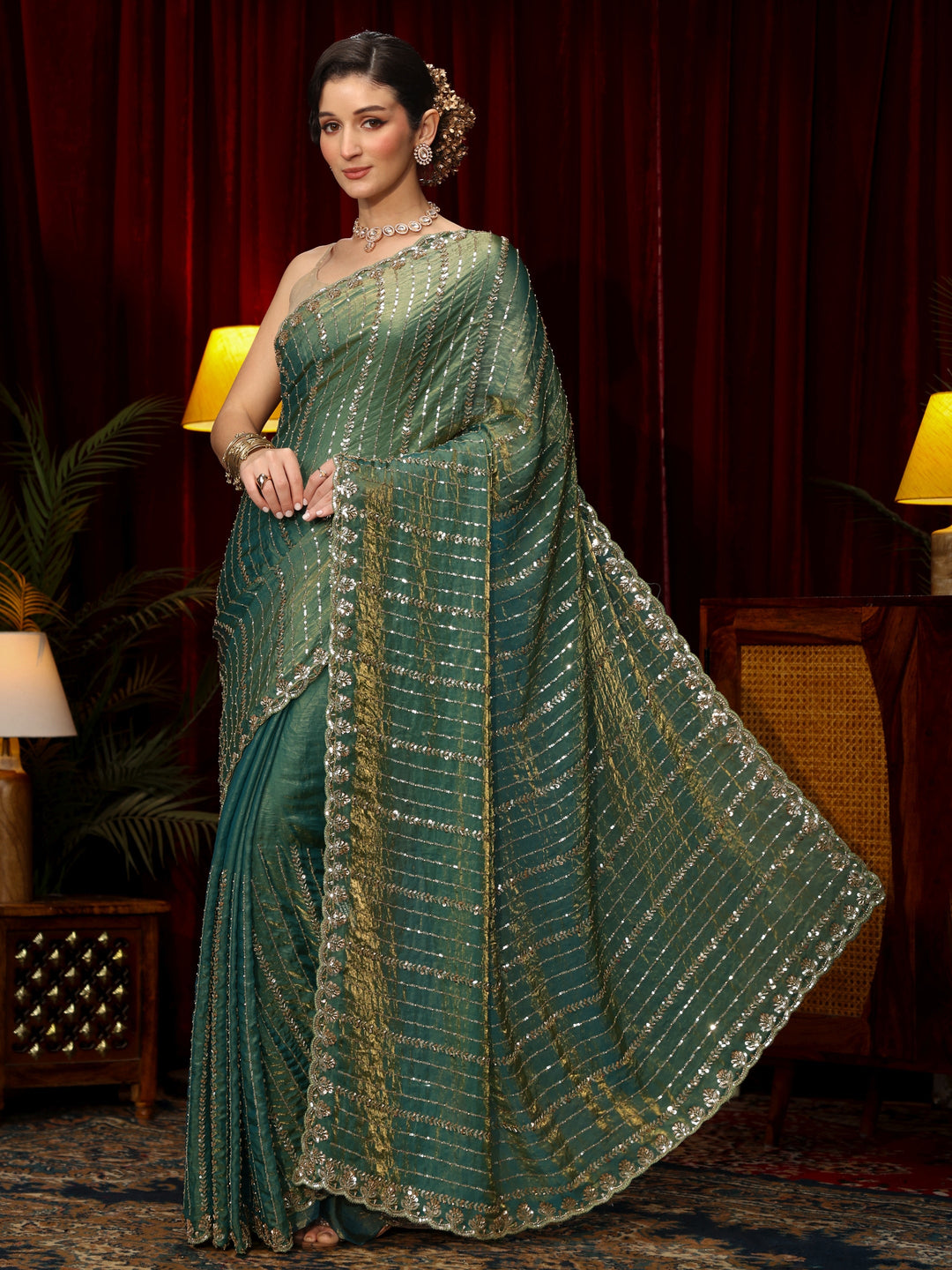Libas Art Sea Green Sequin Embellished Tissue Saree