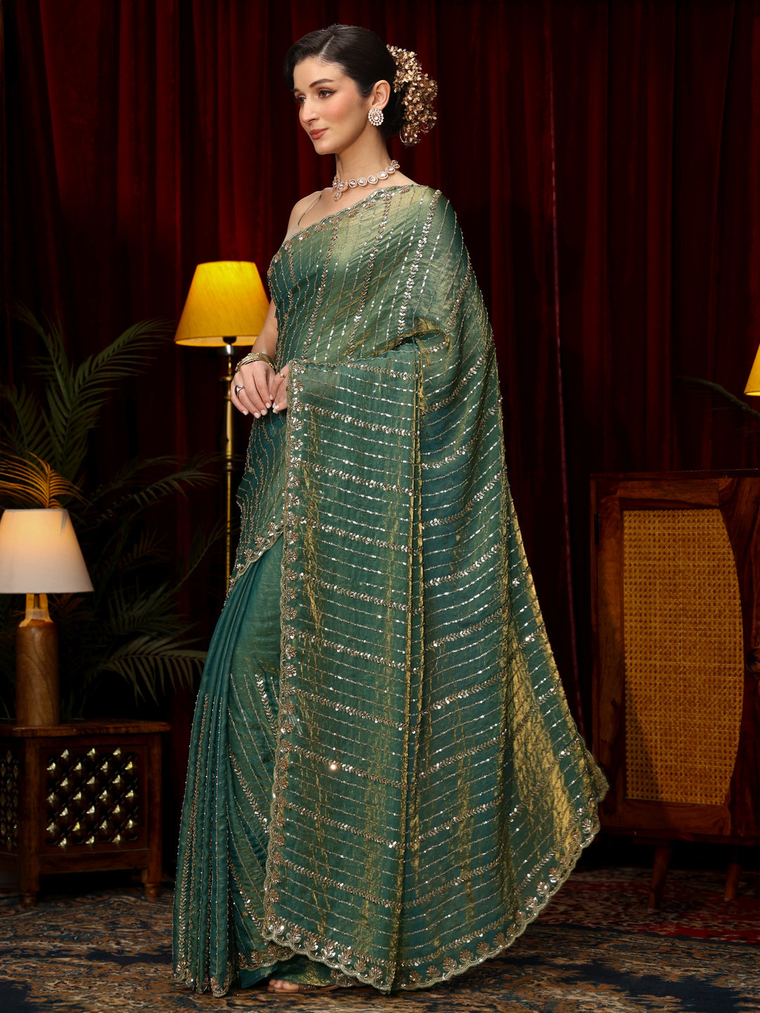 Libas Art Sea Green Sequin Embellished Tissue Saree