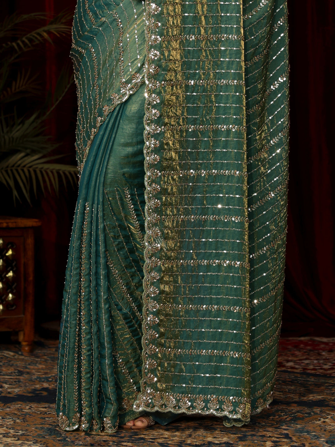 Libas Art Sea Green Sequin Embellished Tissue Saree