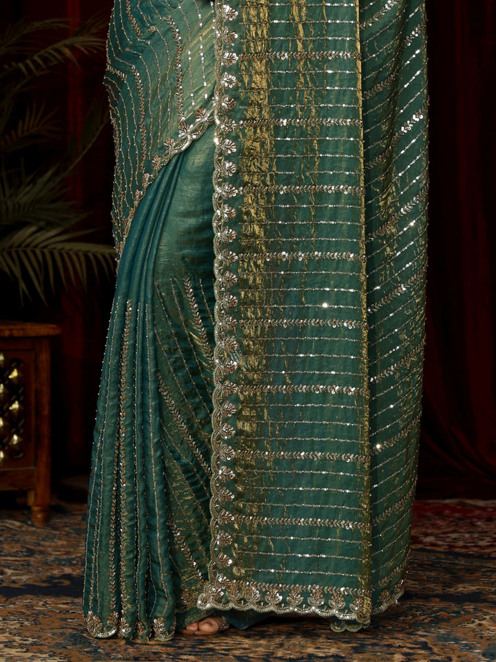 Libas Art Sea Green Sequin Embellished Tissue Saree