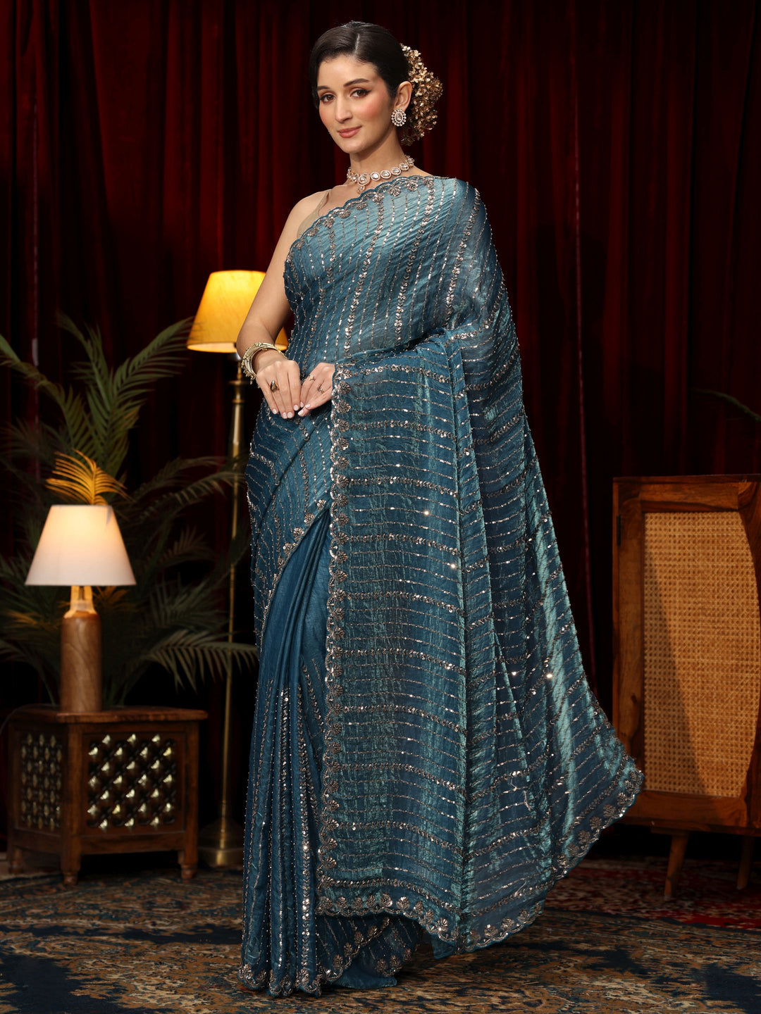 Libas Art Slate Blue Sequin Embellished Tissue Saree