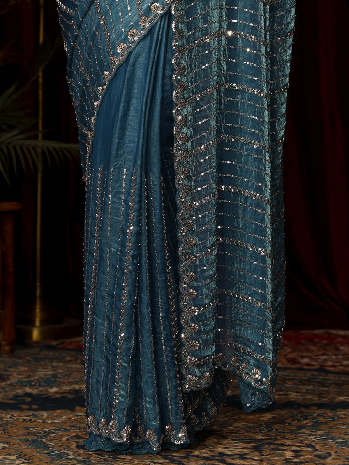 Libas Art Slate Blue Sequin Embellished Tissue Saree