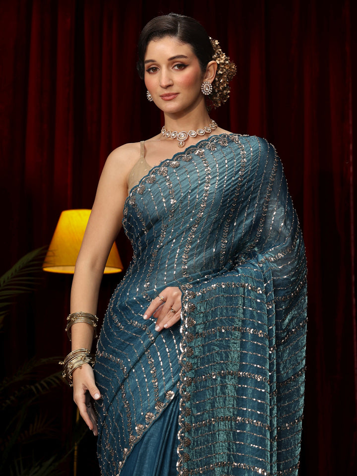 Libas Art Slate Blue Sequin Embellished Tissue Saree