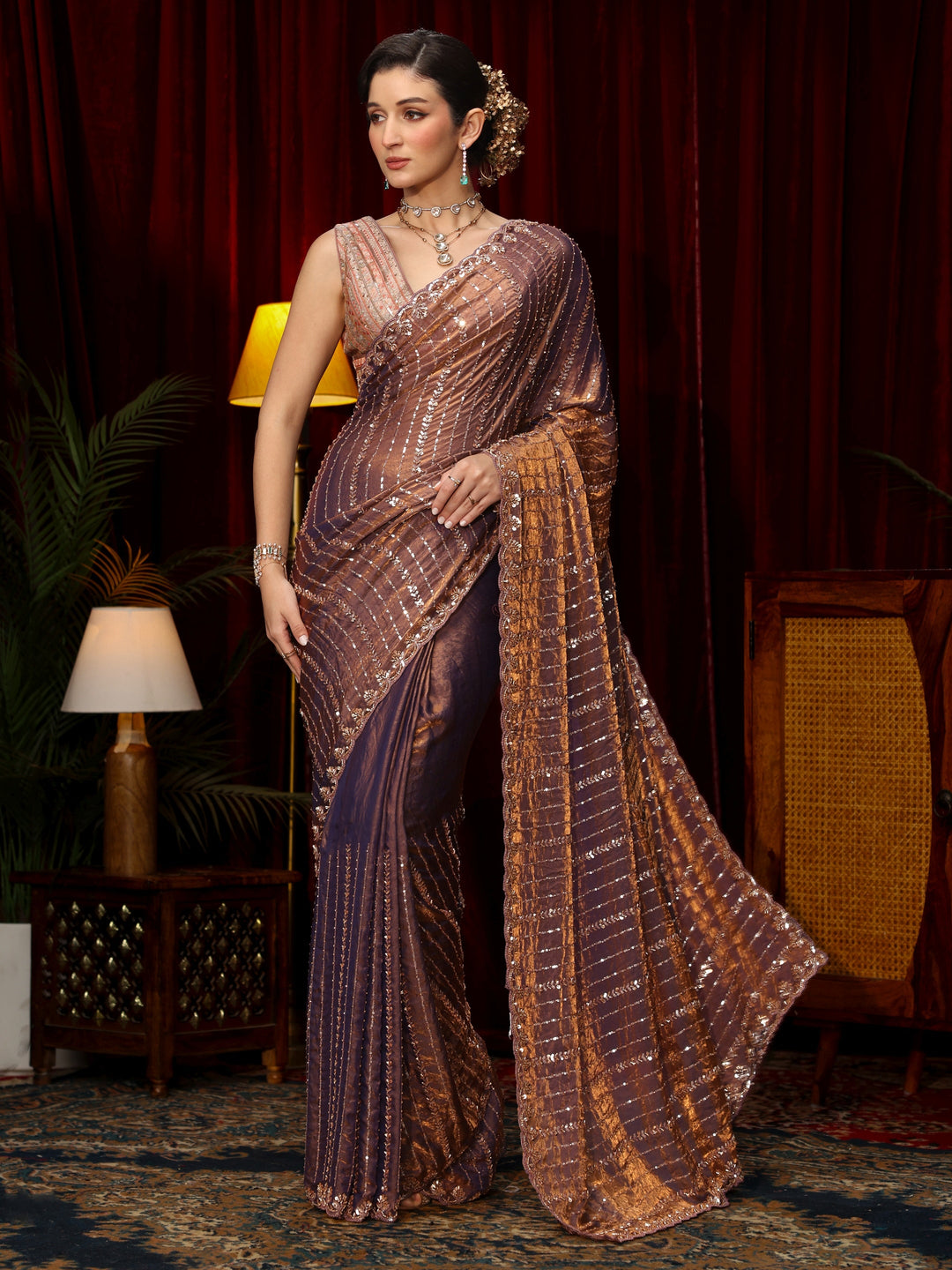 Libas Art Lavender Sequin Embellished Tissue Saree