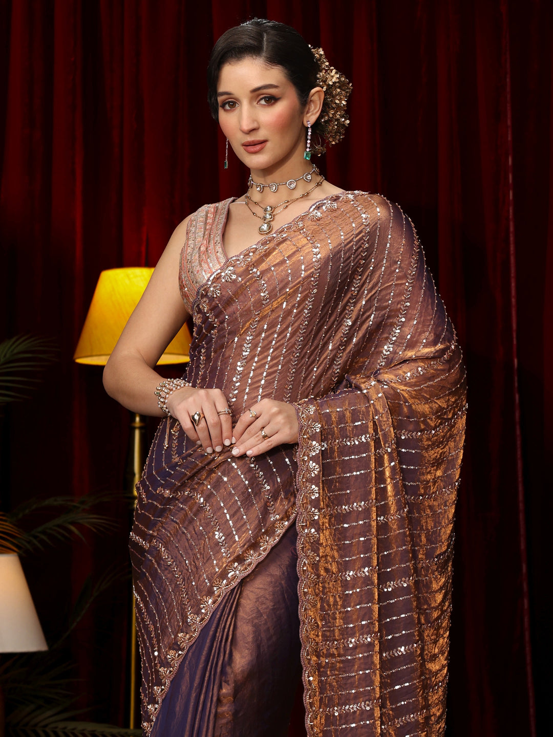 Libas Art Lavender Sequin Embellished Tissue Saree