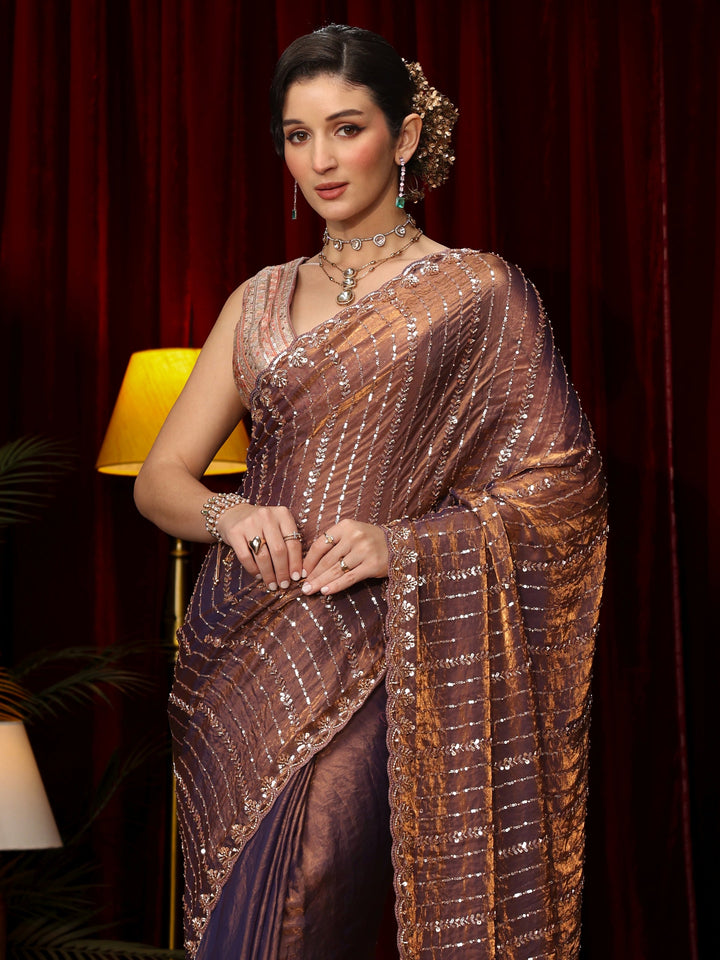 Libas Art Lavender Sequin Embellished Tissue Saree