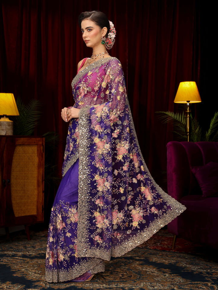 Libas Art Purple Floral Embellished Net Saree