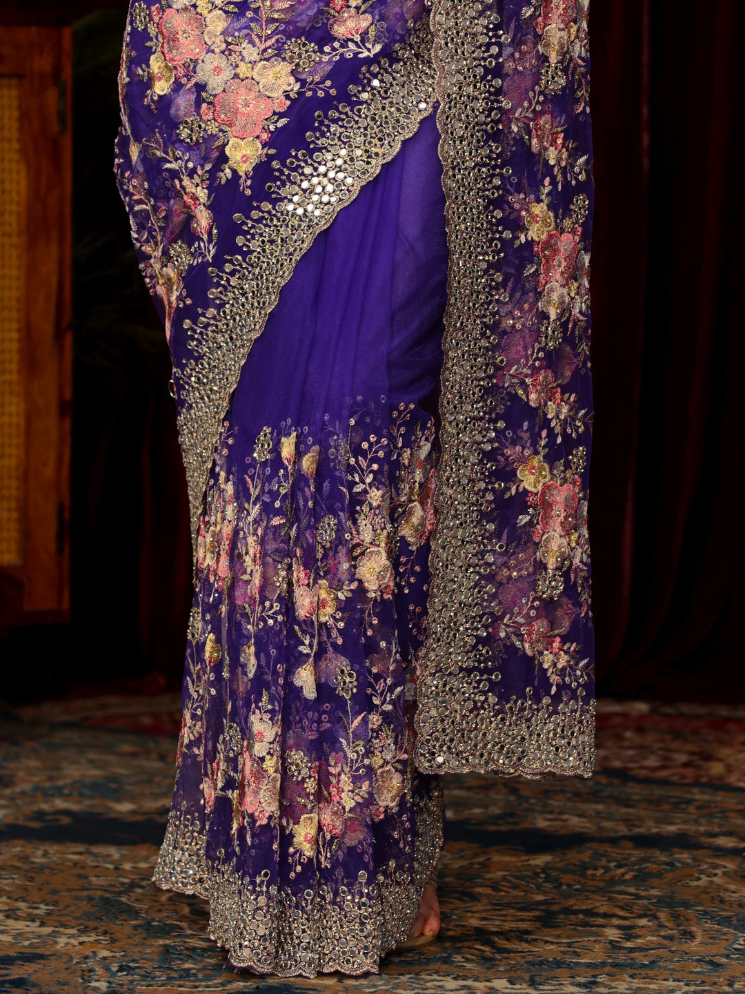 Libas Art Purple Floral Embellished Net Saree