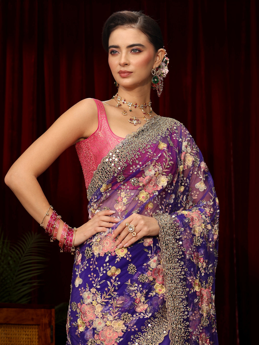 Libas Art Purple Floral Embellished Net Saree